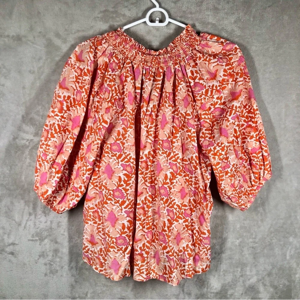 Free People Willow Printed Top Size L Orange Pink Floral Boho Peasant Flowy